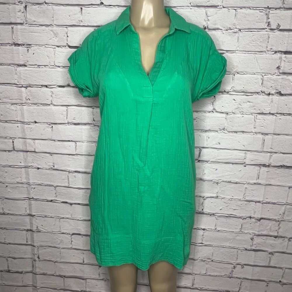 J. Crew Womens Green V-Neck Soft Gauze Short Sleeve Cover Up Shirt Dress Size XS